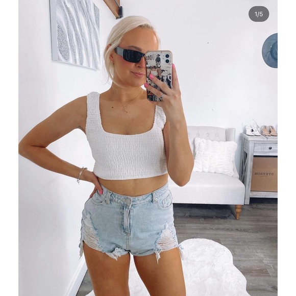 Rylee Anns White Wide strap Square neck Ruched Crop top - Picture 8 of 8